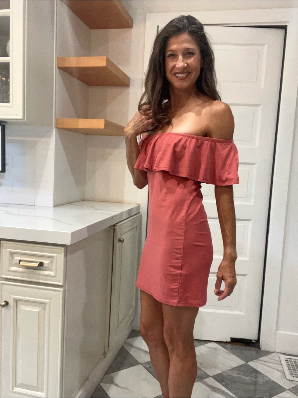 Derek Heart Coral Off Shoulder Ruffle Mini Dress Size M Stretch Knit Summer